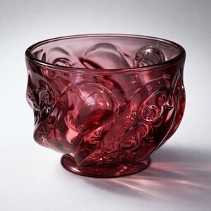 Vintage FENTON Ruby Red Footed Bowl – Scroll Pattern Cranberry Glass Candy Dish